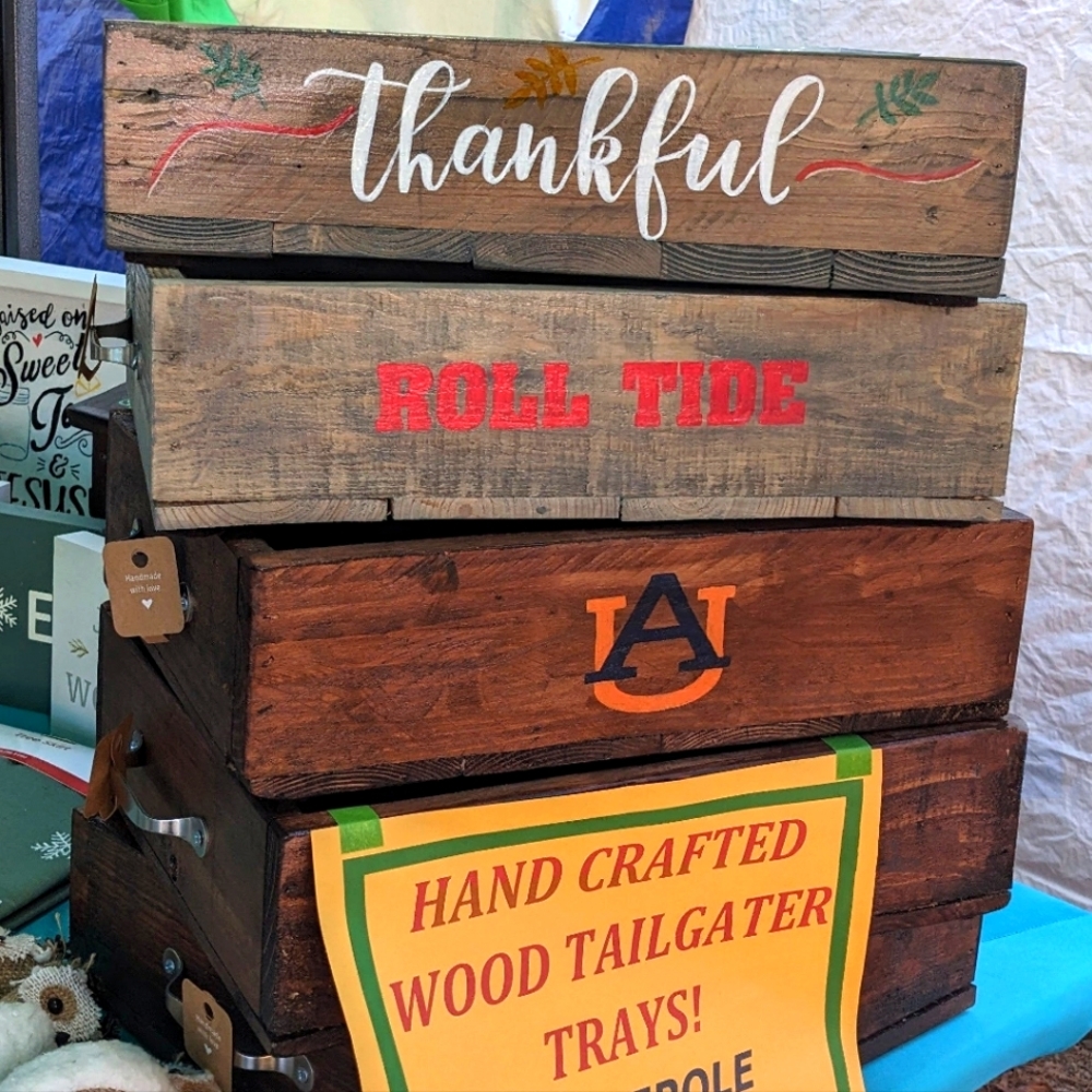 HAND CRAFTED Wood Casserole Tailgate Party Event Trays with Metal Handles